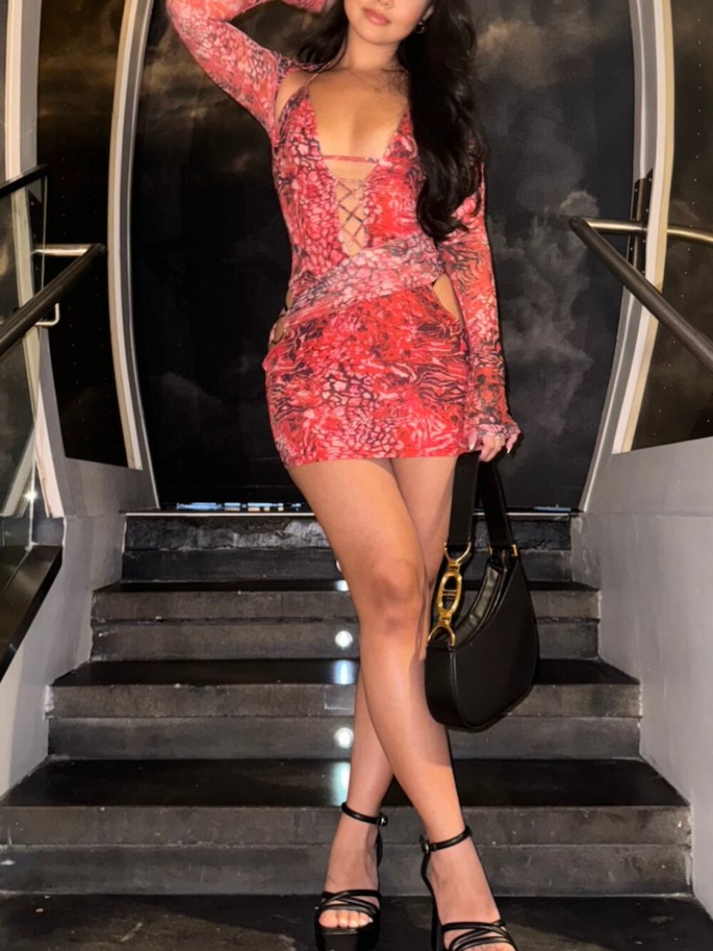 Outcast Red Printed Kahlani Viper Cut-Out Mini Dress - Size S - Picture 3 of 6
